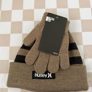 Hurley Brown Knit Beanie and Glove Set with Black Stripes